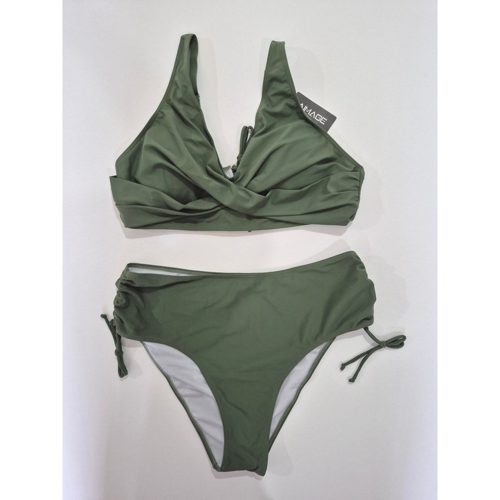AIMAGE Women Olive Green Twist Front High Waisted Bikini Set 2XL New